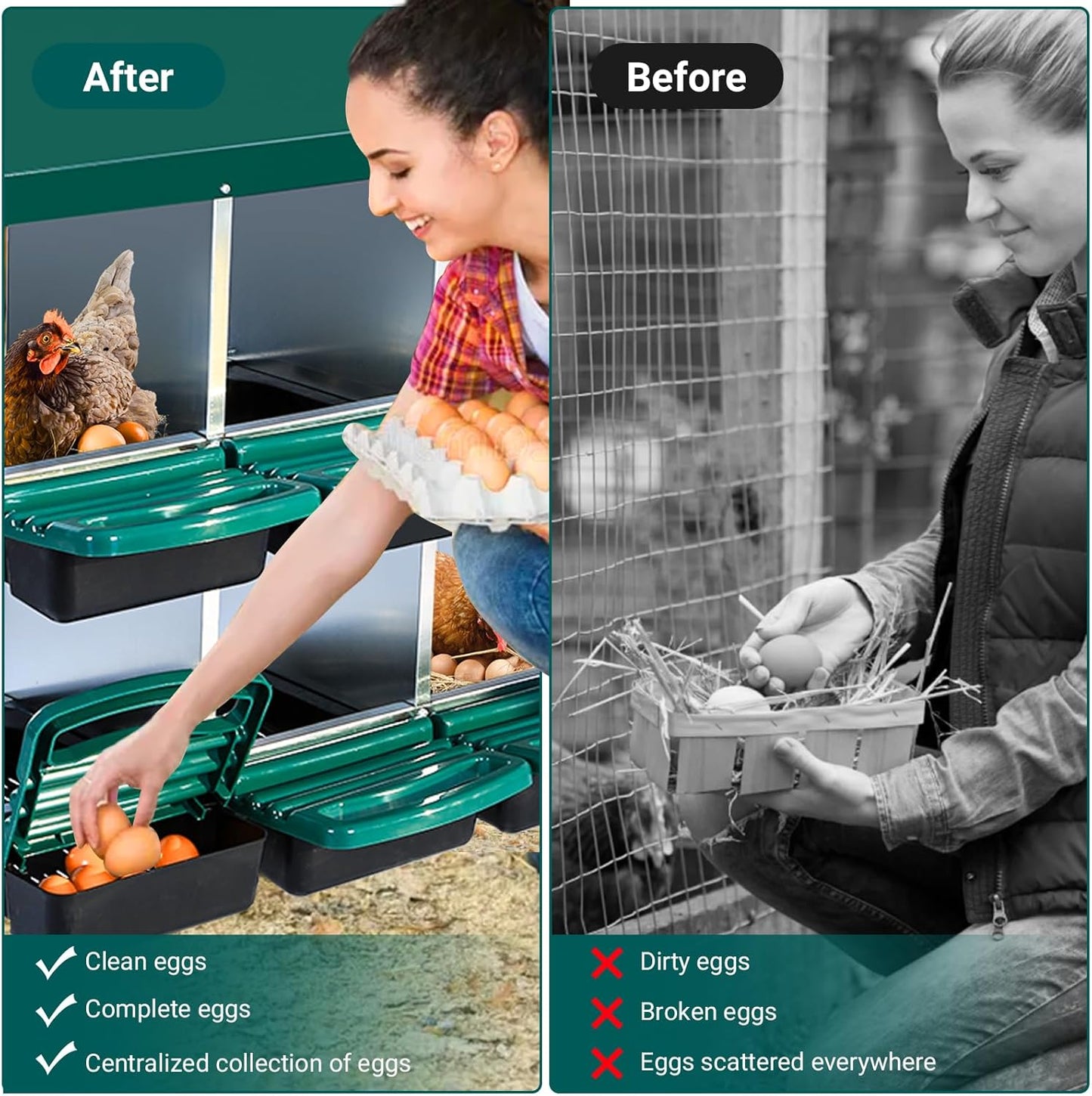 Garvee Chicken Nesting Boxes, 6 Hole Metal Chicken Laying Box with Removable Trays and Roll Out Egg Collection for Chicken Coop, Green, with Metal Legs