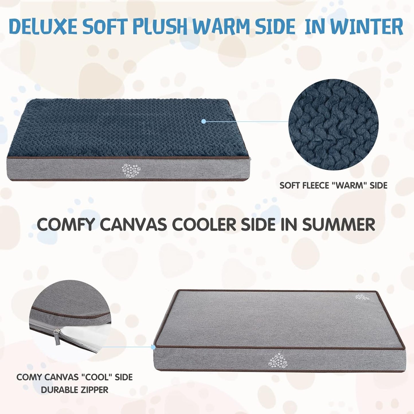 VANKEAN Dog Bed Soft Crate Pad Mat Reversible Warm& Cool, Washable Comfy Kennel Pad with Orthopedic Egg-Crate Foam for Small Medium Large Dogs, Water-Resistant Pet Bed, Grey