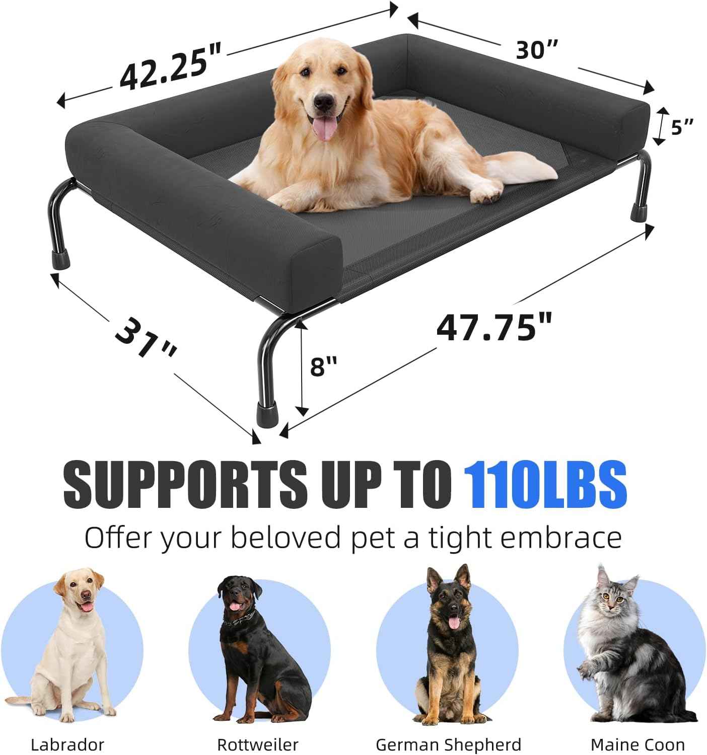 Simple Trending Elevated Dog Bed for Large Dogs, Cooling Raised Dog Cot with Bolsters, Breathable Pet Bed for Outdoor, 47.75" x 31", Black