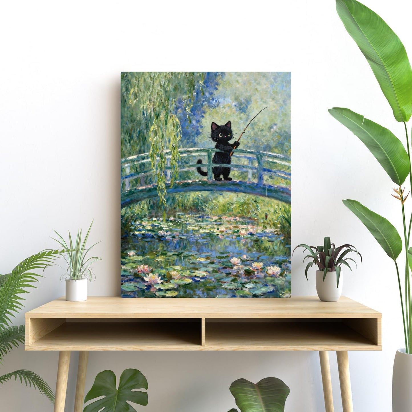 TimAsh Framed Monet Water Lilies Cat Wall Art, Vintage Canvas Art Wall Decor Funny Black Cat Aesthetic Posters Prints for Bathroom Bedroom Living Room Home Office Decorations 10L x 8W