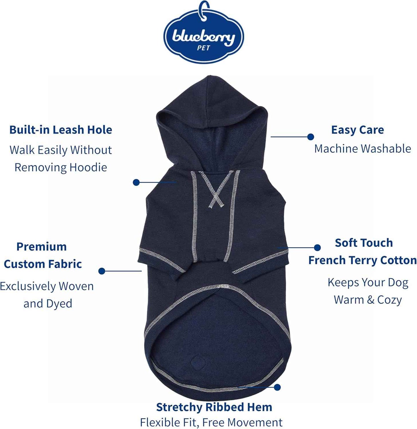 Blueberry Pet Essentials Soft & Comfy Better Basic Cotton Blend Dog Hoodie Sweatshirt in Midnight Blue, Back Length 16", Pack of 1 Jacket for Dogs