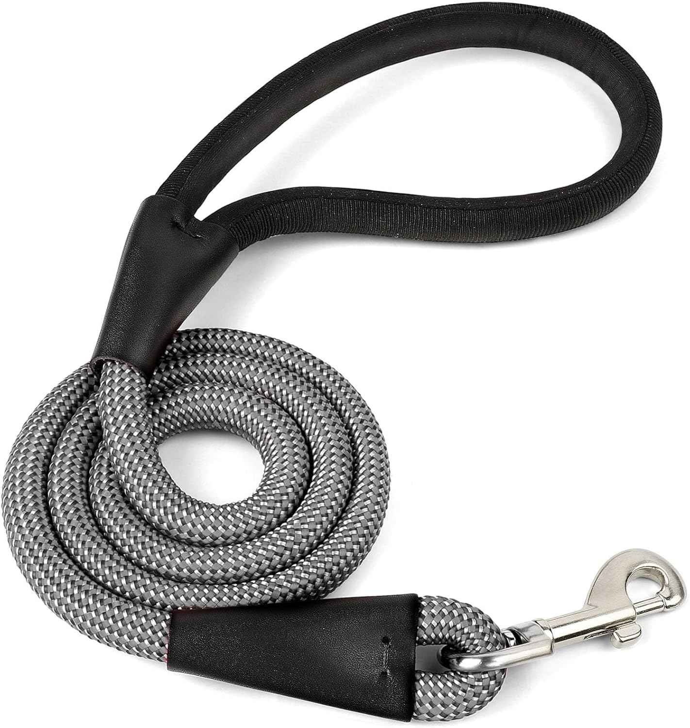 Rope Dog Leash 4 FT, 1/2 Inch Heavy Duty Round Dog Leash with Soft Padded Non-Slip Handle, Reflective Nylon Rope & Strong Metal Clip for Medium Large Giant Dogs,Black
