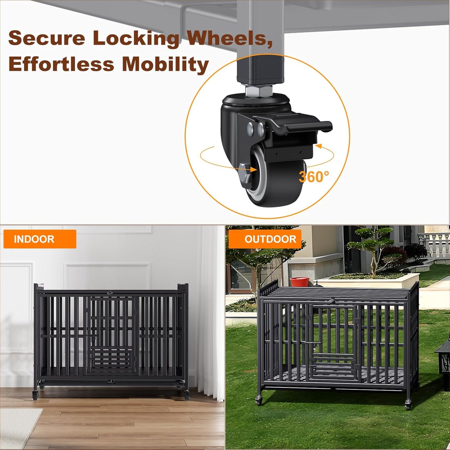 Heavy Duty Dog Crate, Reinforced Thickened Steel Frame Indestructible Kennel for Large & High Anxiety Dogs, Escape Proof Design with 3 Doors, 4 Lockable Wheels and 2 Removable Trays (48 Inch)