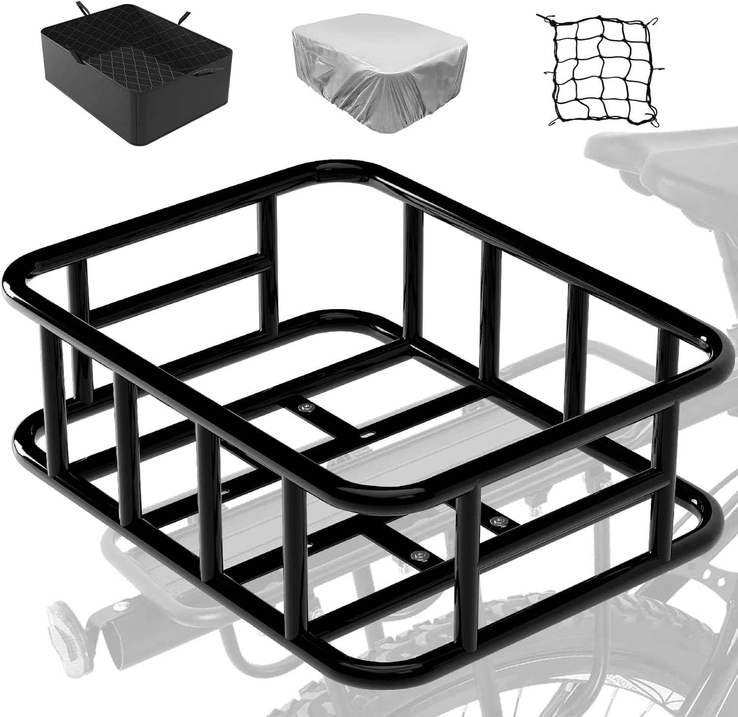 Bike Basket Rear Rack Bike Basket with Cargo Net and Liner Large Bicycle Basket Heavy Duty Bicycle Rear Basket with Liner Waterproof Cover Cargo Net