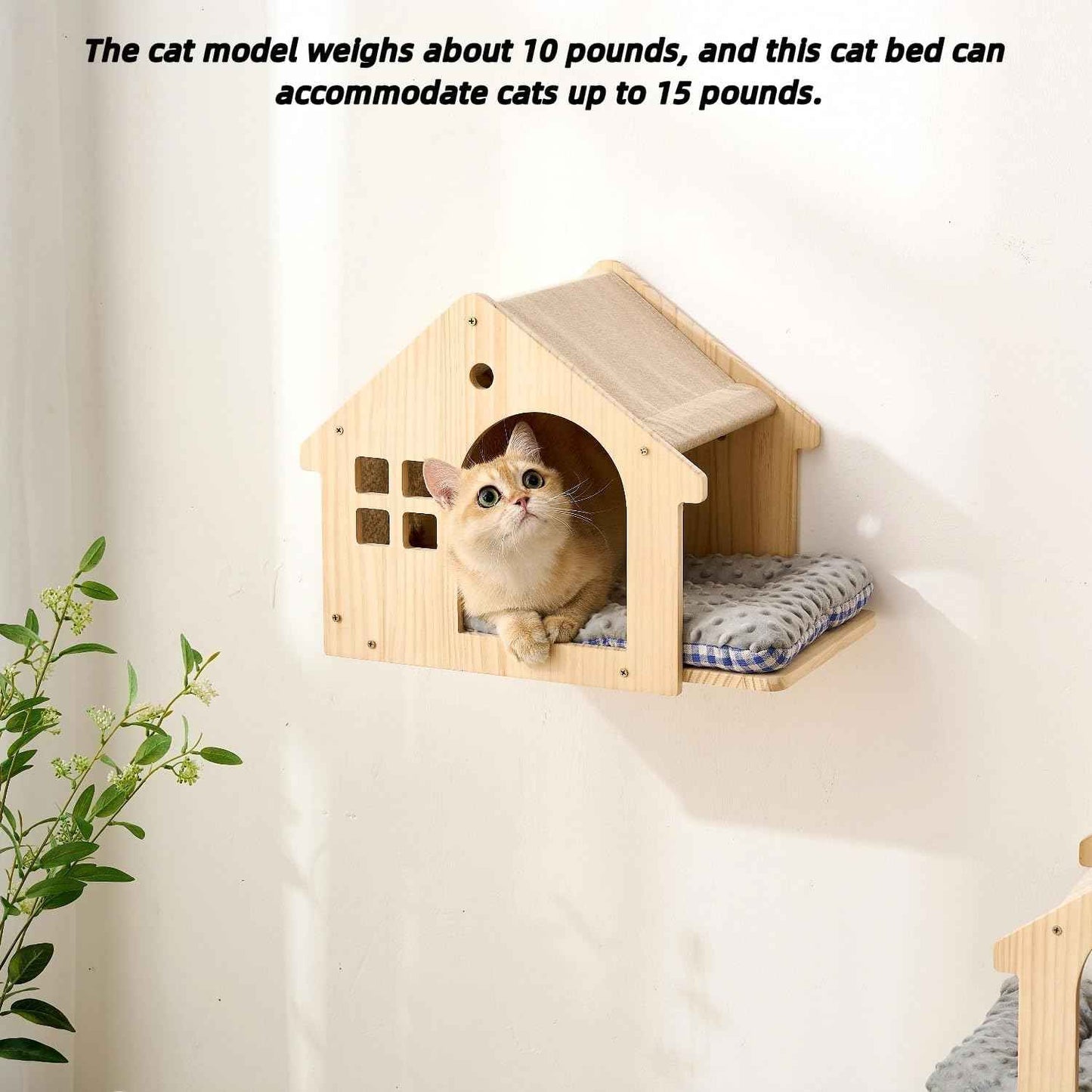 SHENGOCASE Wall Mounted Cat Furniture Set, Natural Wood, 47.2 inch Balcony Perch with Guardrail, 4 Steps, 2 Houses with Cushions