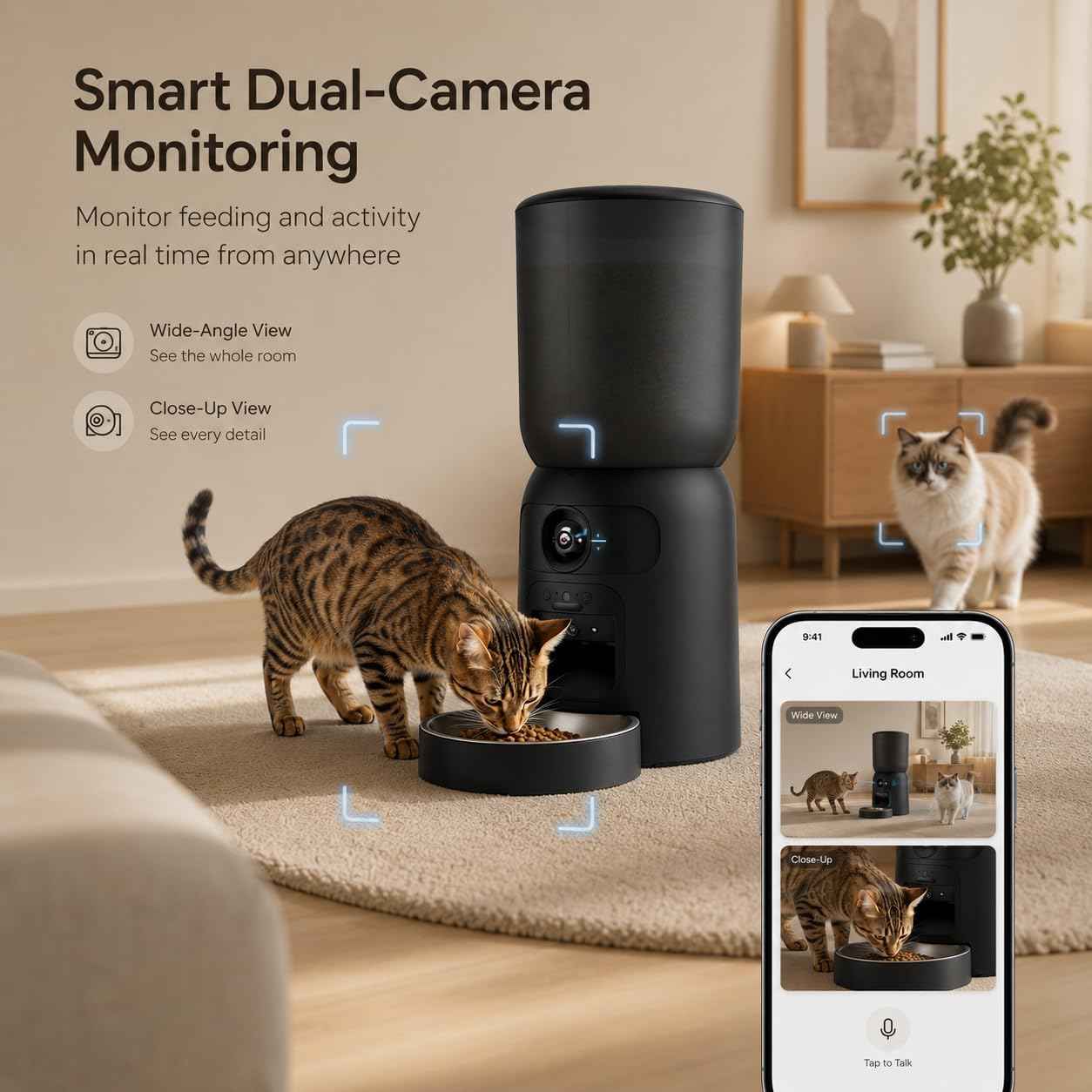 Smart Pet Feeder with 2K Dual Camera & AI Recognition, 6L Automatic Cat Dog Feeder with App Control, 2.4G/5G WiFi, Voice Message, Pet Interaction, Motion Tracking, No Clog, Dual Power, for Multi-Pet