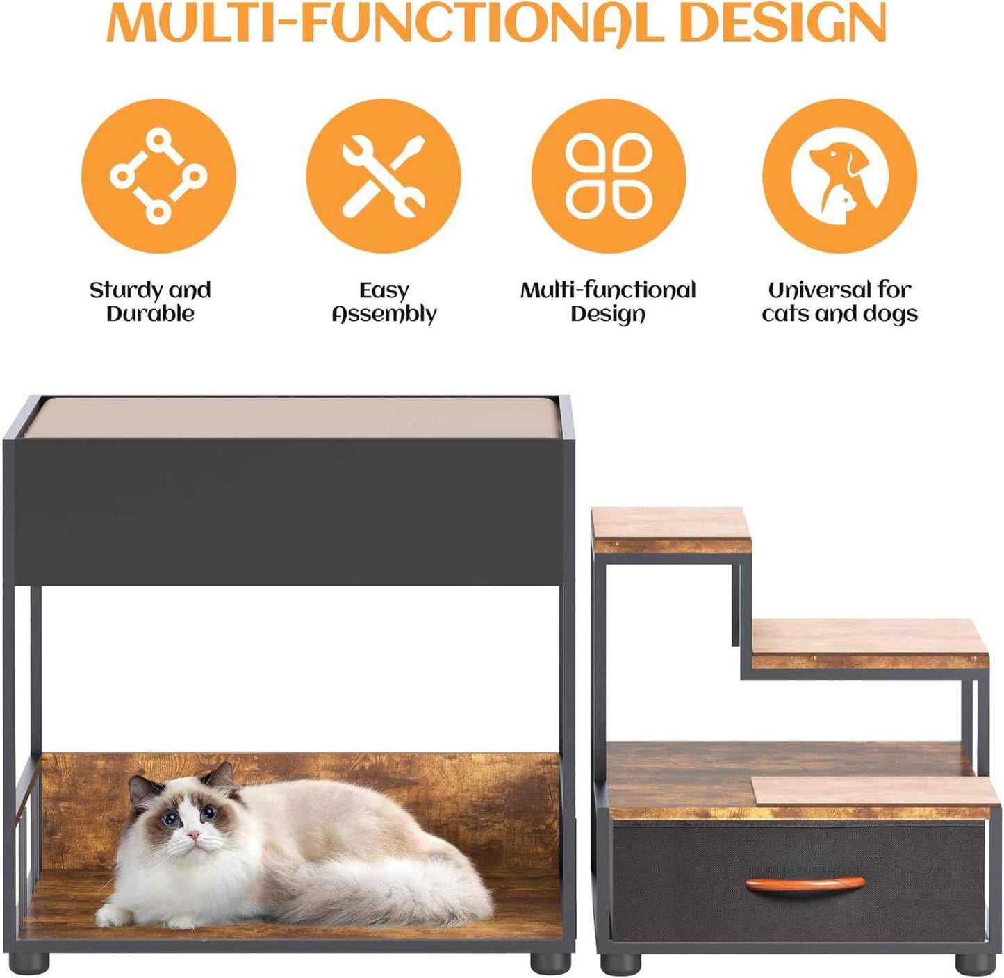 Pet Step Window Perch, Dog Bed w/ Steps for Dogs, Elevated Multi-Level Platform, Bunk Bed, Non-Slip Pad & Storage, Vintage