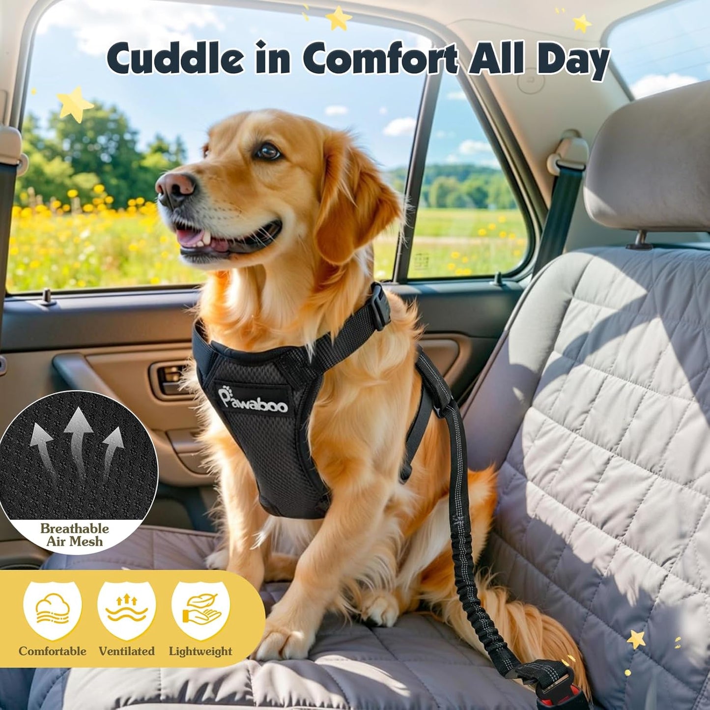 Pawaboo Dog Seat Belt Harness for Car, Dog Car Harness Seatbelt with Double Clips, Adjustable Breathable Pet Vest & Dogs Safety Tether with Elastic Bungee for Small Medium Large Pet, L, Black