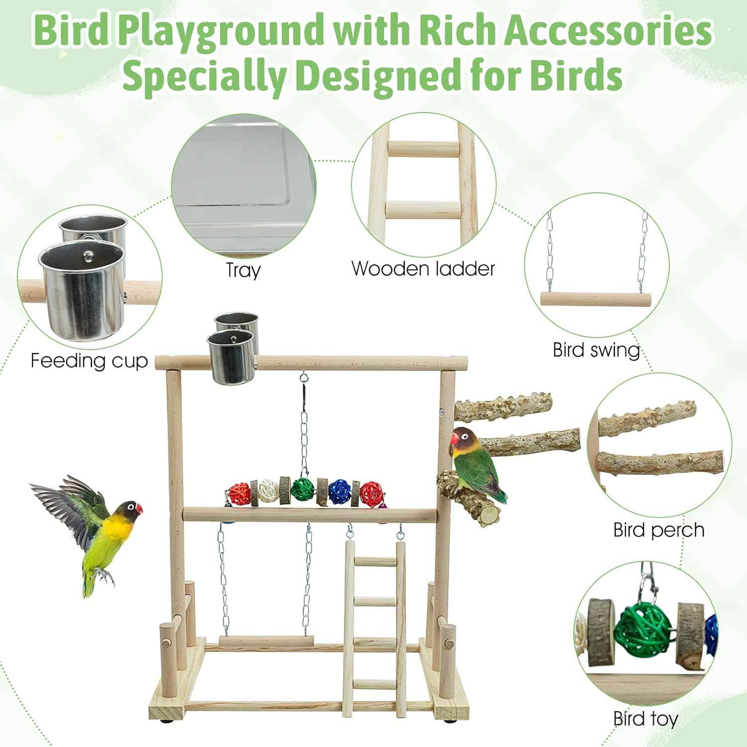 kathson Bird Play Stand Parrot Perch Stand Natural Wood Bird Playground Playstand for Cockatiel Conures Parakeet Parrots Budgie Lovebird Finch Small Birds