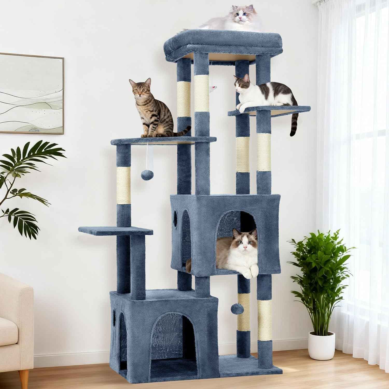 GarveeLife 61" Multi-Level Cat Tree for Indoor Cats, Heavy-Duty Tower for Large Adult & Maine Coon Cats with Oversized Perch, Dual Condos, Natural Sisal Scratching Posts & Play Toys – Light Blue