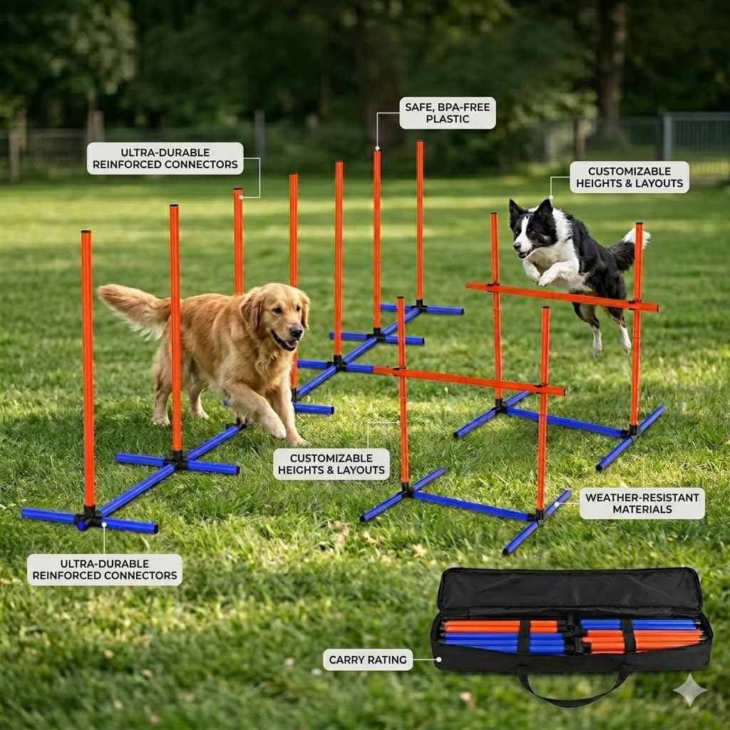 Dog Agility Training Equipment, 4-Sets Adjustable Dog Jumps & Hurdles Set for Backyard, Outdoor Dog Obstacle Course Training Starter Kit with Weave Poles, Pause Box & Carrying Bag for Large Small Dogs