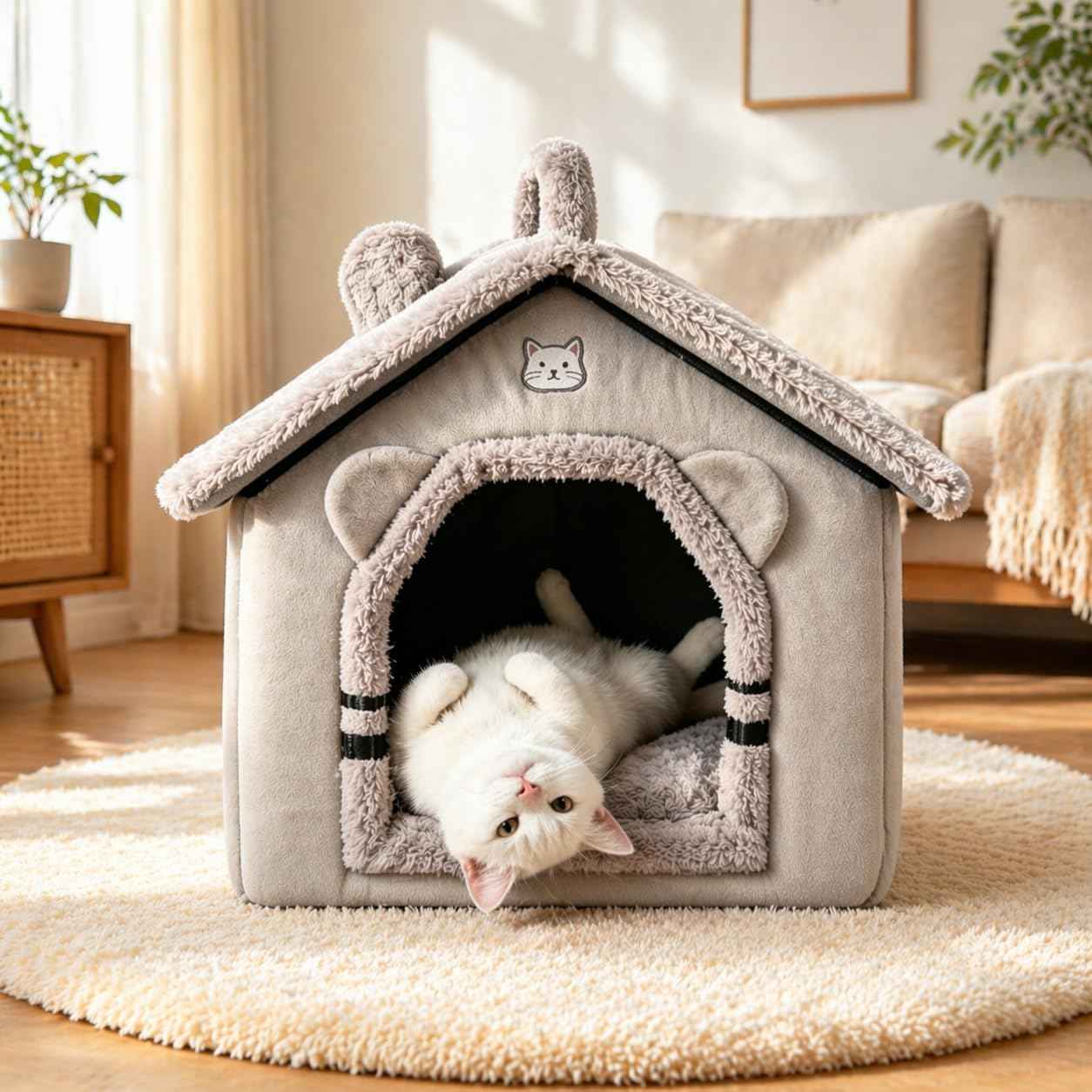 Cat Bed for Indoor Cats, Cartoon Pattern Cat Cave Bed with Handle Design, Soft Cat Hideaway Indoor, Lovely Cat House for Kitten, Puppy & Small Pets (M)