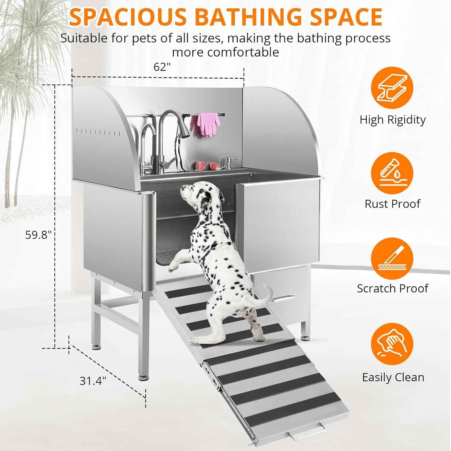 Professional Dog Washing Station,60" Stainless Steel Pet Grooming Tub w/Sliding Door, Non-Slip Steps,Faucet & Showerhead & Soap Holder Bathtub,for Medium & Small Dogs, Supports 250Lbs