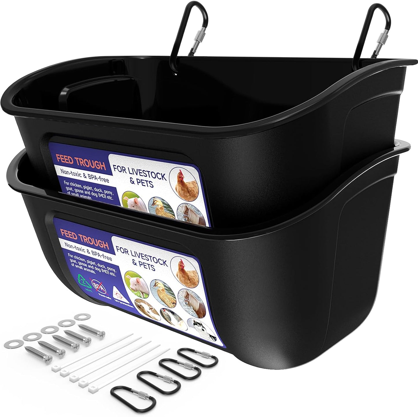 Goovilla Chicken Feeder Waterer, Hanging or Screw-in Fence Feeders with Clips, 2 Pack 5 Quart Goat Feeding Supplies, Duck Piglet Sheeple Coop Dog Livestock Poultry Plastic Feeder Trough Bucket, Black