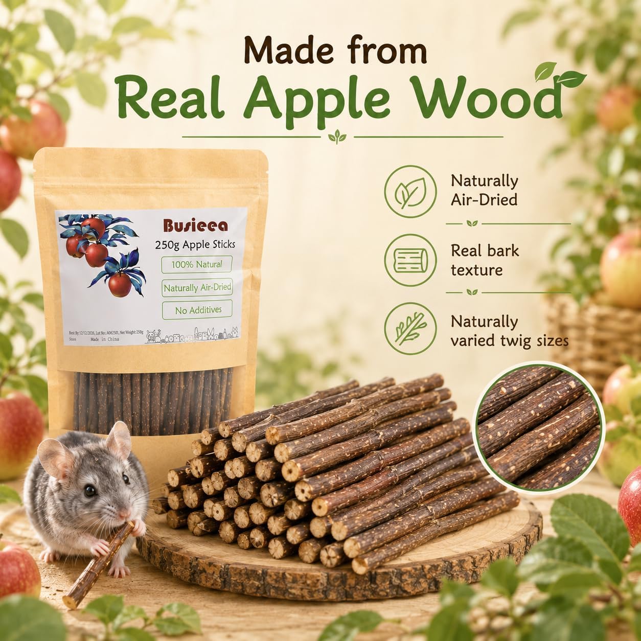 Premium Natural Apple Sticks - 100g/3.52 OZ MINI Trial Pack - Perfect for 1 Pet, Molar Chew Treats for Rabbits Chinchillas Guinea Pigs Hamsters Small Animals