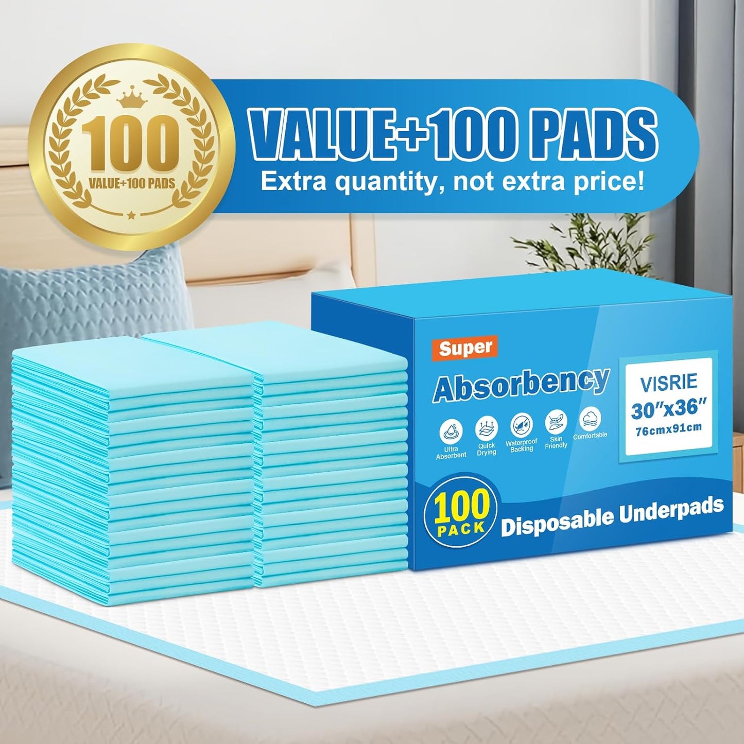 VISRIE 100Pcs 30” x 36”Bed Pads Disposable Adult, Incontinence Bed Pads, Super Absorbency Chucks Pads Disposable, Chucks Underpads Extra Large, Pee Pads for Adults, Pets & Kids, Puppy Training Pads