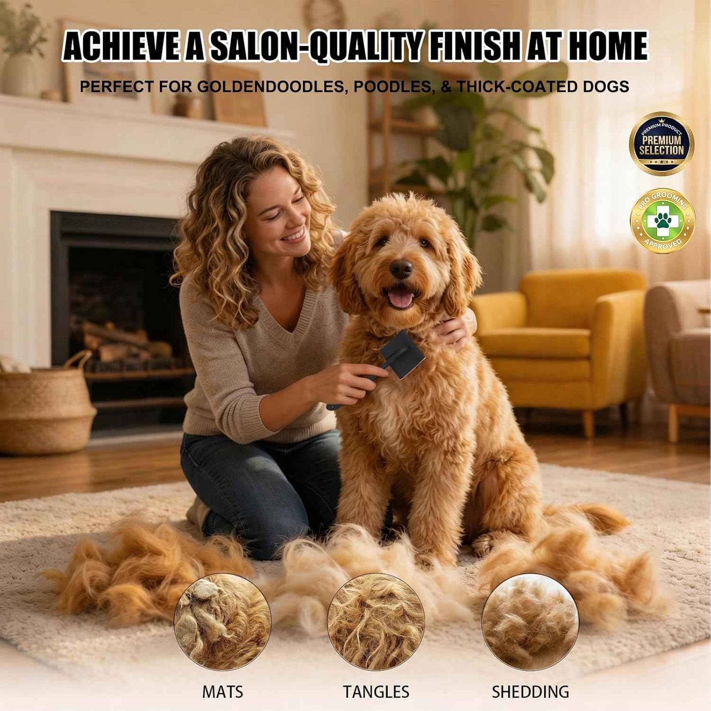 Dog Slicker Brush for Goldendoodles, Poodles & Long Haired Dogs - Long Pin Doodle Brush & Pet Comb Kit Removes Tangles Loose & Knots, Professional Grooming Tools with Wooden Handle, Black