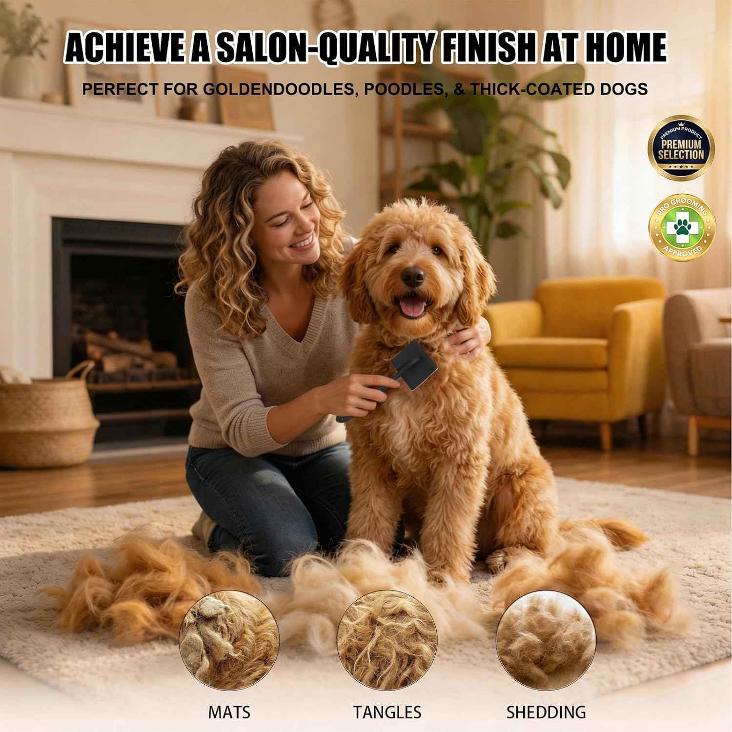 Dog Slicker Brush for Goldendoodles, Poodles & Long Haired Dogs - Long Pin Doodle Brush & Pet Comb Kit Removes Tangles Loose & Knots, Professional Grooming Tools with Wooden Handle, Black