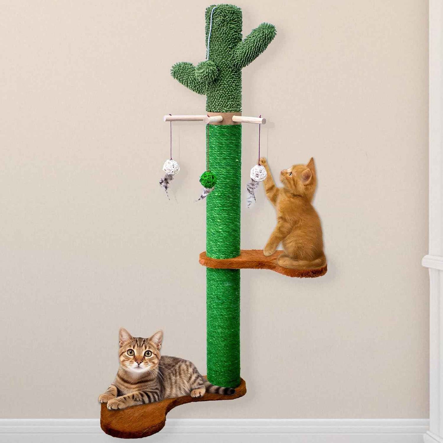 Meowoou Wall Mounted Cat Scratcher for Indoor Cats, 38 Inch Cat Wall Shelves with Scratching Posts and Pedal, Suitable for Adults Cats, Kitten and All Type of Cats Cactus