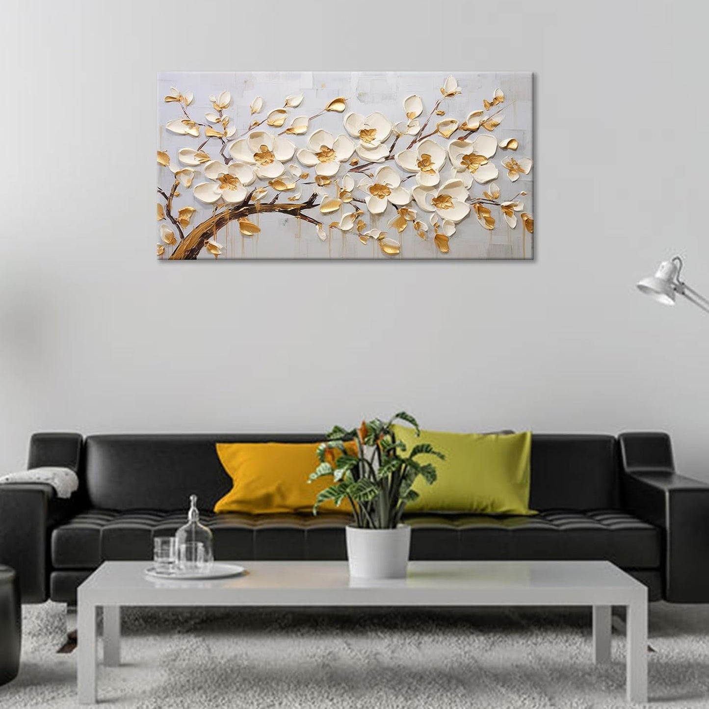Large Original Gold White Tree Of Life Wall Art Acrylic Abstract Flower Painting Prints Modern Tree Artwork Picture Decor for Living Room Office Home Decorations 24x48inch Framed
