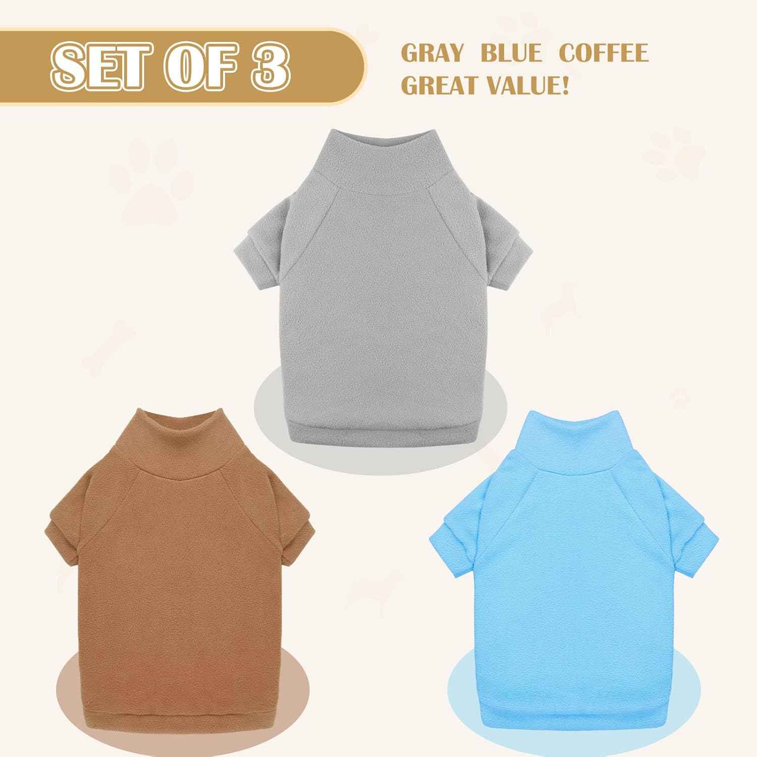 3 Pack Dog Sweaters for Large Dogs, Fleece Dog Sweater Large Pet Clothes Turtleneck Soft Warm Pet Sweatshirt Boy Girl(Gray+Blue+Coffee,L)