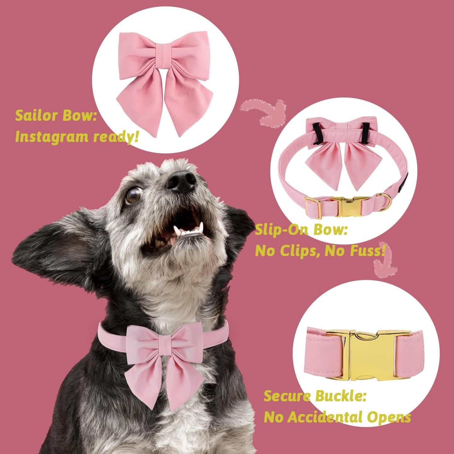 Maca Bates Cherry Pink Dog Collar with Cute Solid Sailor Bow Tie for Small Girl Boy Dogs,Girly Adjustbale Durable Breakaway Soft Collars with Bowtie for Female Male Puppy,Pet with Metal Buckle
