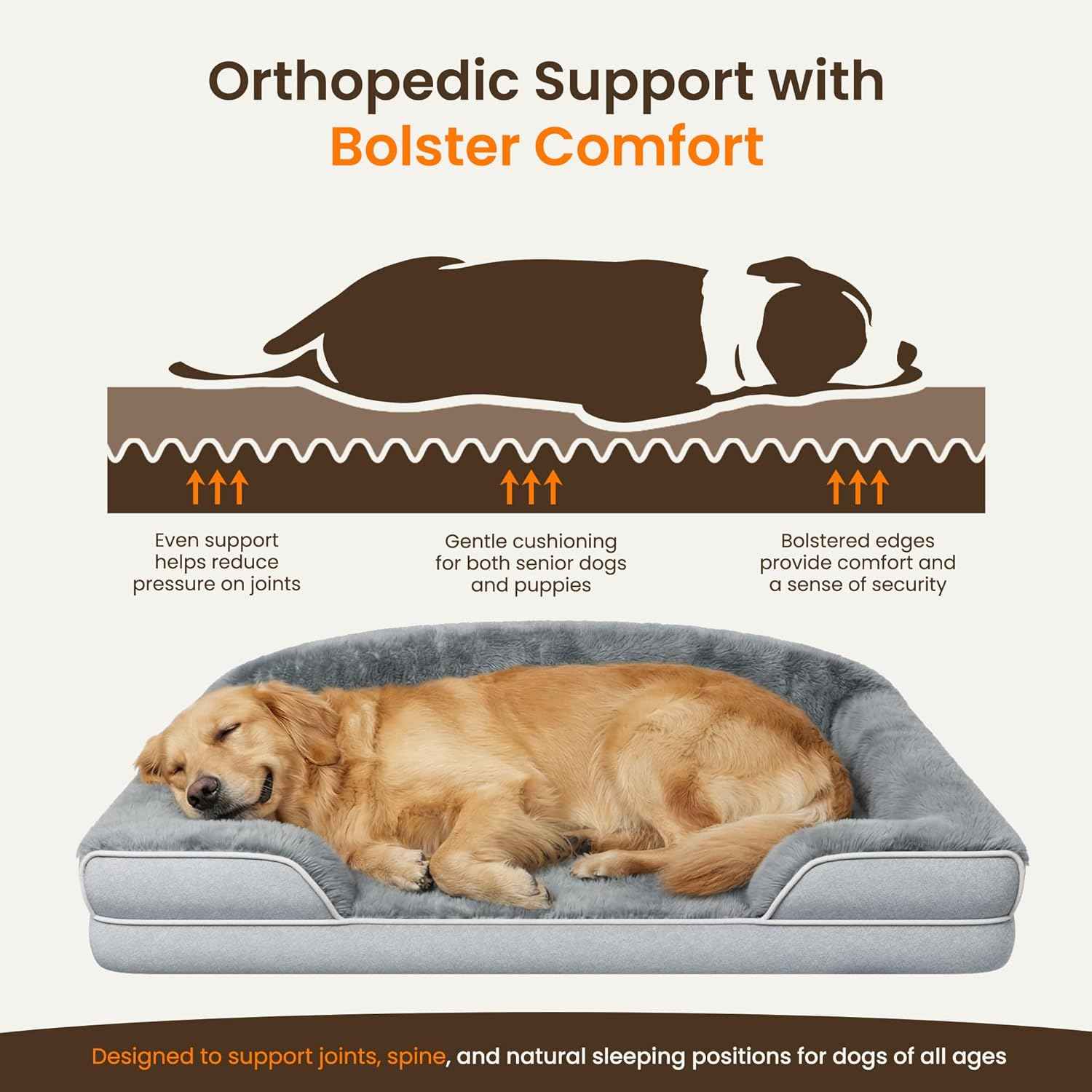 Orthopedic Dog Bed for Extra Large Dogs, 45 x 30 Inch Waterproof Egg Crate Foam XL Dog Couch Bed with Sides, Washable Removable Cover, Non Slip Bottom, Light Grey