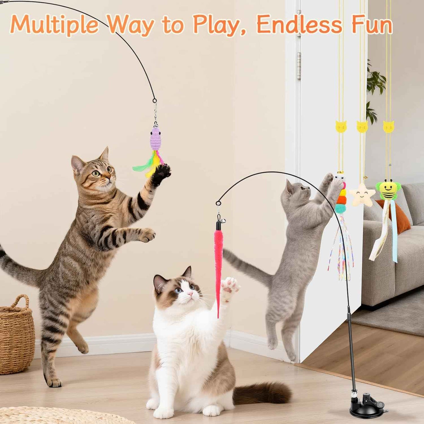 Atosun Interactive Cat Toys, 15PCS Cat Wand and Feather Toys for Indoor Cats, Reusable Suction Cup Toys for Kittens Play Exercise