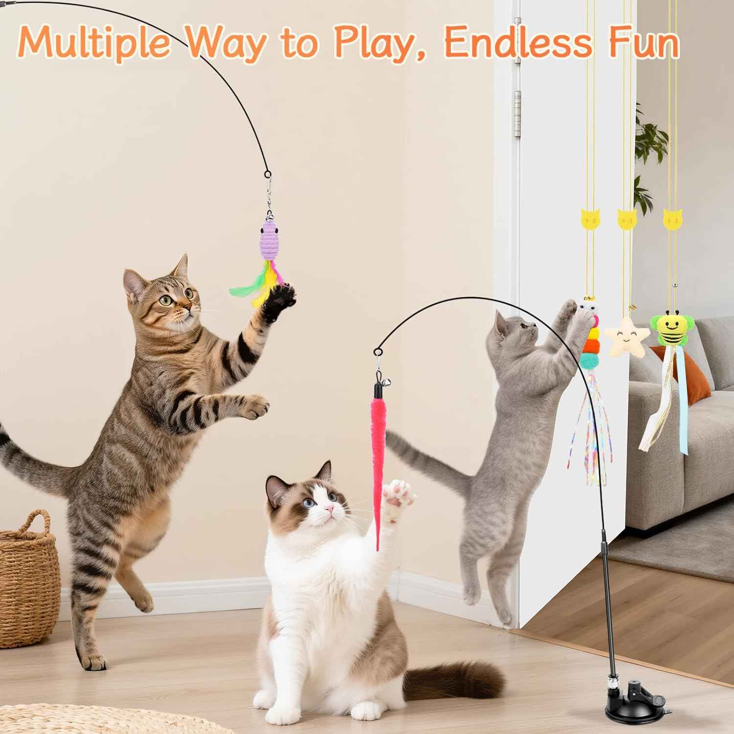 Atosun Interactive Cat Toys, 15PCS Cat Wand and Feather Toys for Indoor Cats, Reusable Suction Cup Toys for Kittens Play Exercise
