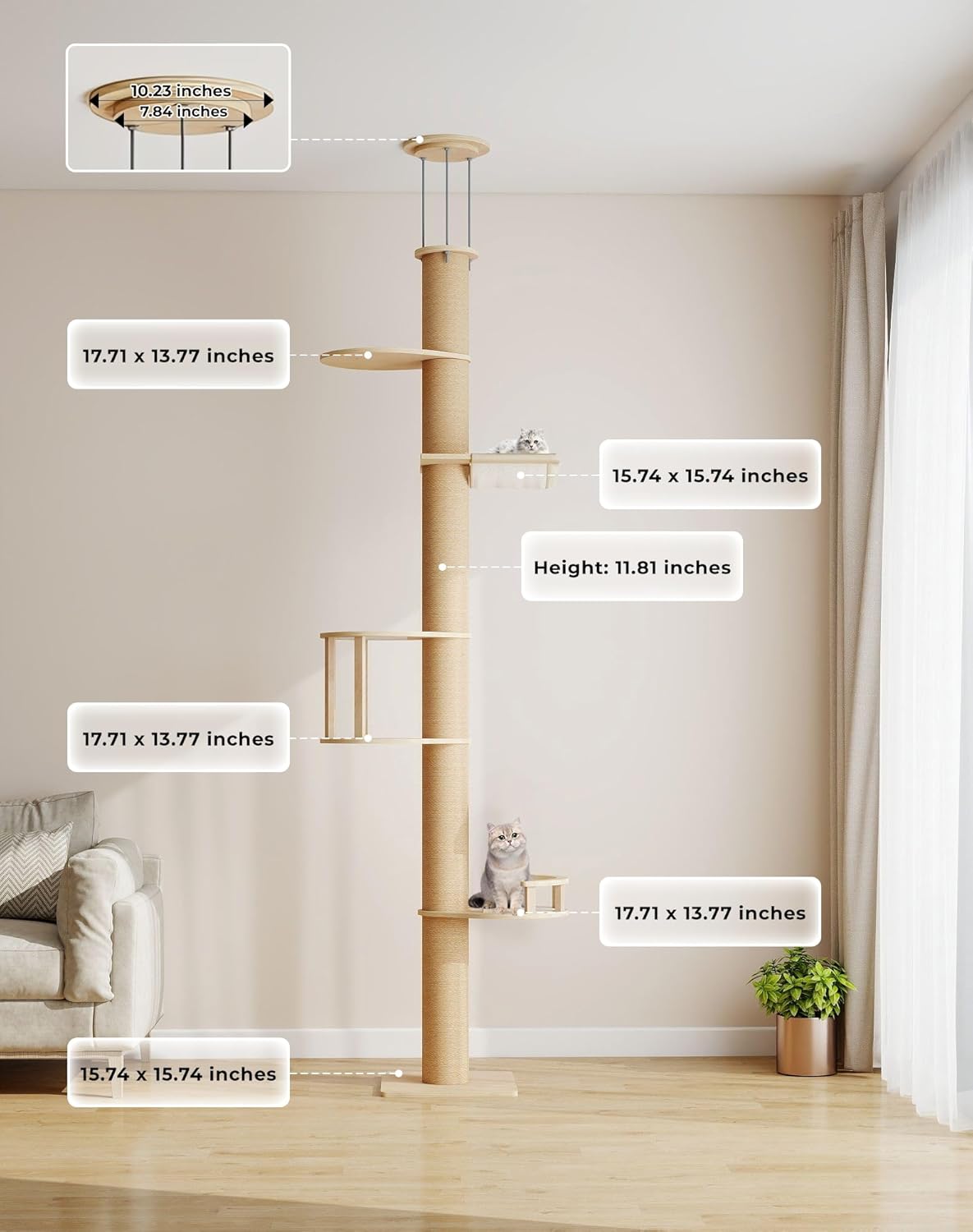 COZIWOW Floor to Ceiling Cat Tree, Tall Cat Tower with Lots of Scratching Posts, Designed for Large Cats, Indoor Cat Furniture Suitable for All Cat Sizes