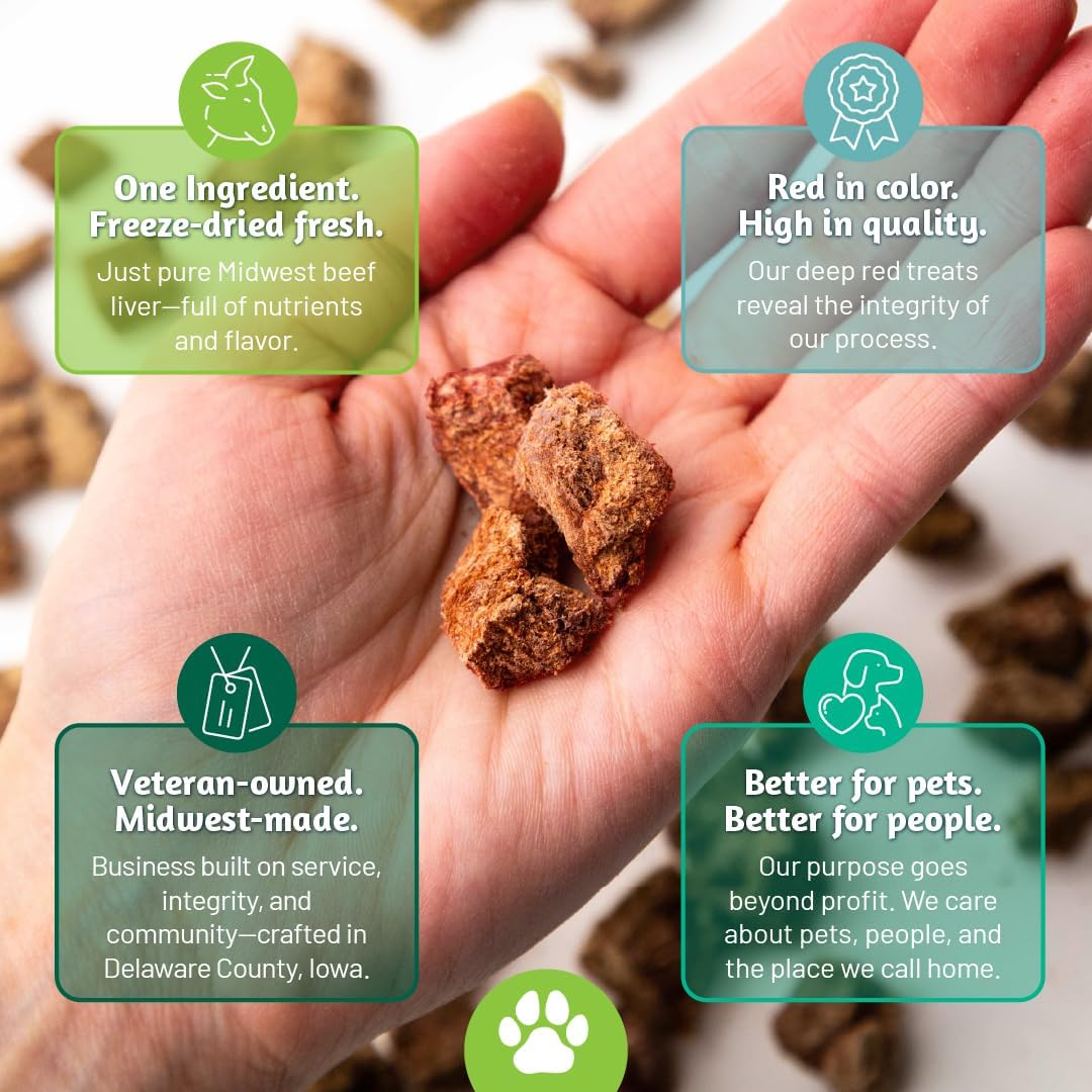 IOWA'S OWN Freeze Dried Beef Liver Treats for Dogs 15lbs and up – Single Ingredient Training Treats – High Protein – Healthy Natural Snack - No Additives or Fillers - Made in USA – 4oz Bag