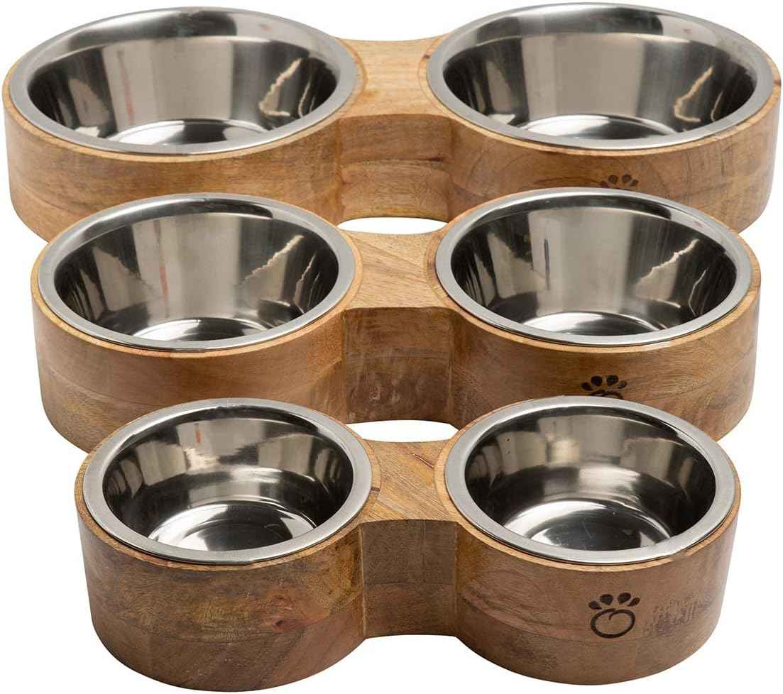 Luxury Elevated Dog Bowl Set - Mango Wood Stand with 2 Stainless Steel Food & Water Bowls - Raised Pet Feeder with Non-Slip Base, Modern Design for All Dog Sizes, Large 48oz