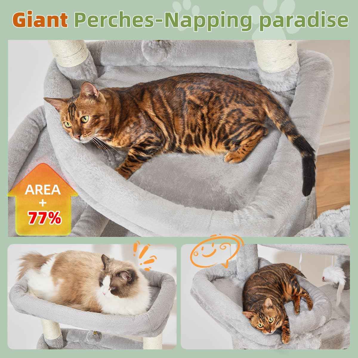 Taoqimiao 71 Inches Cat Tree for Large Cats 20lbs+, 3 Giant Perches, Multi-Level Cat Tree Tower, Widened Cat Condo with 9 Scratching Posts, Luxurious Hammcock & Basket, Light Gray, MS034W