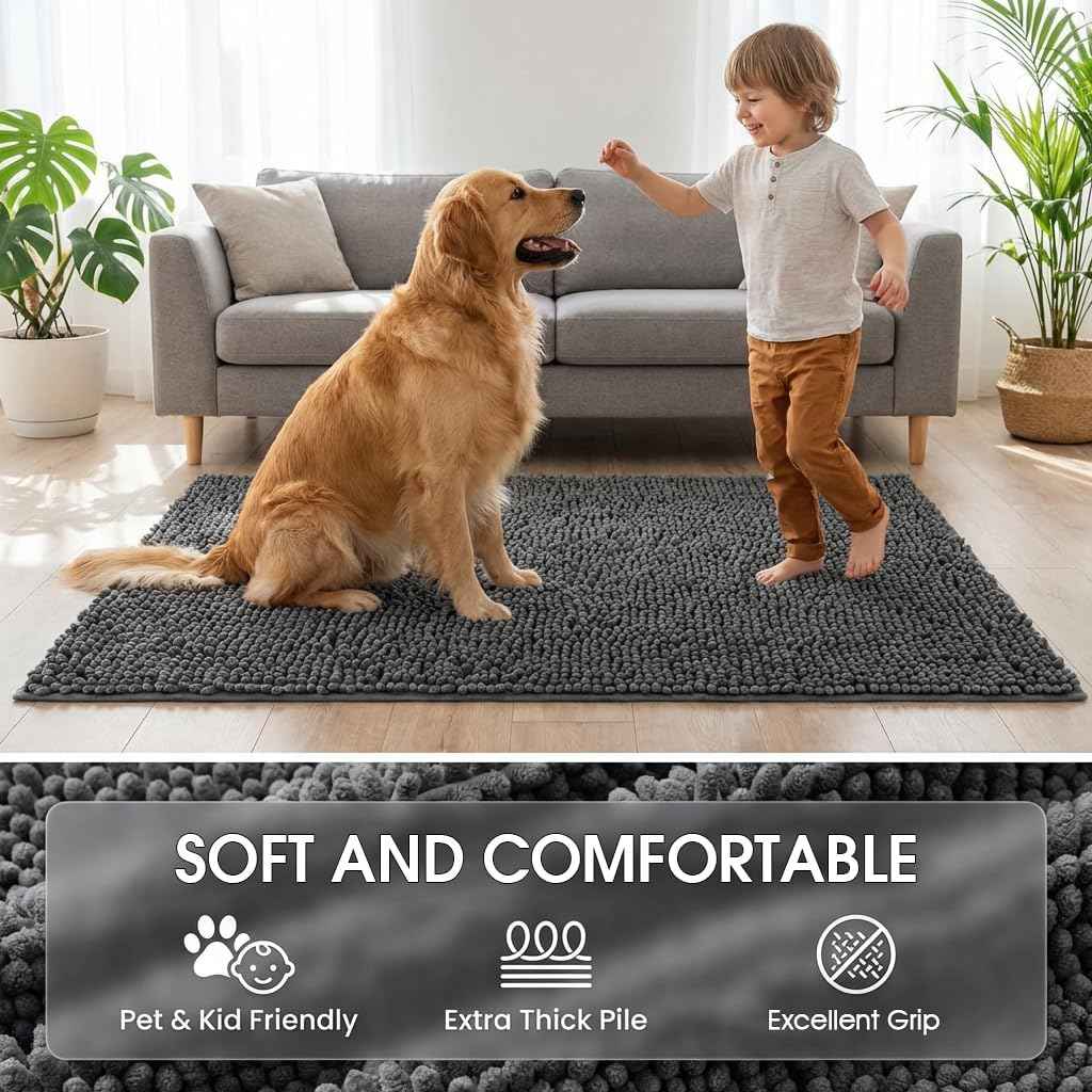 Super Absorbent Dog Door Mat for Muddy Paws, 72"x24" Dirt Trapper Non-Slip Chenille Mat for Mud Dogs, Machine Washable Quick Dry Indoor Entryway Rug,Dark Grey