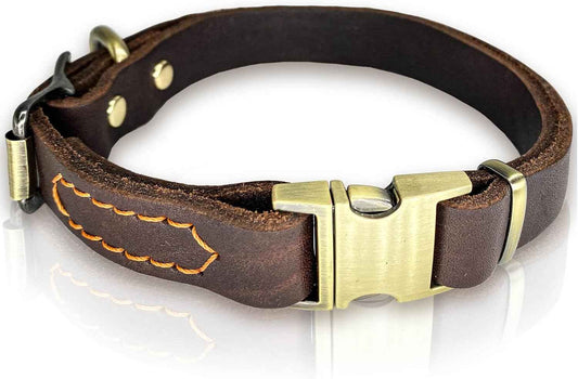 Leather Dog Collar with Metal Quick Release Buckle, Soft Genuine Cowhide Heavy Duty Metal Dog Collar Adjustable for Small Medium Large Dogs Pets. (M, Neck 14-22"(Release Buckle))