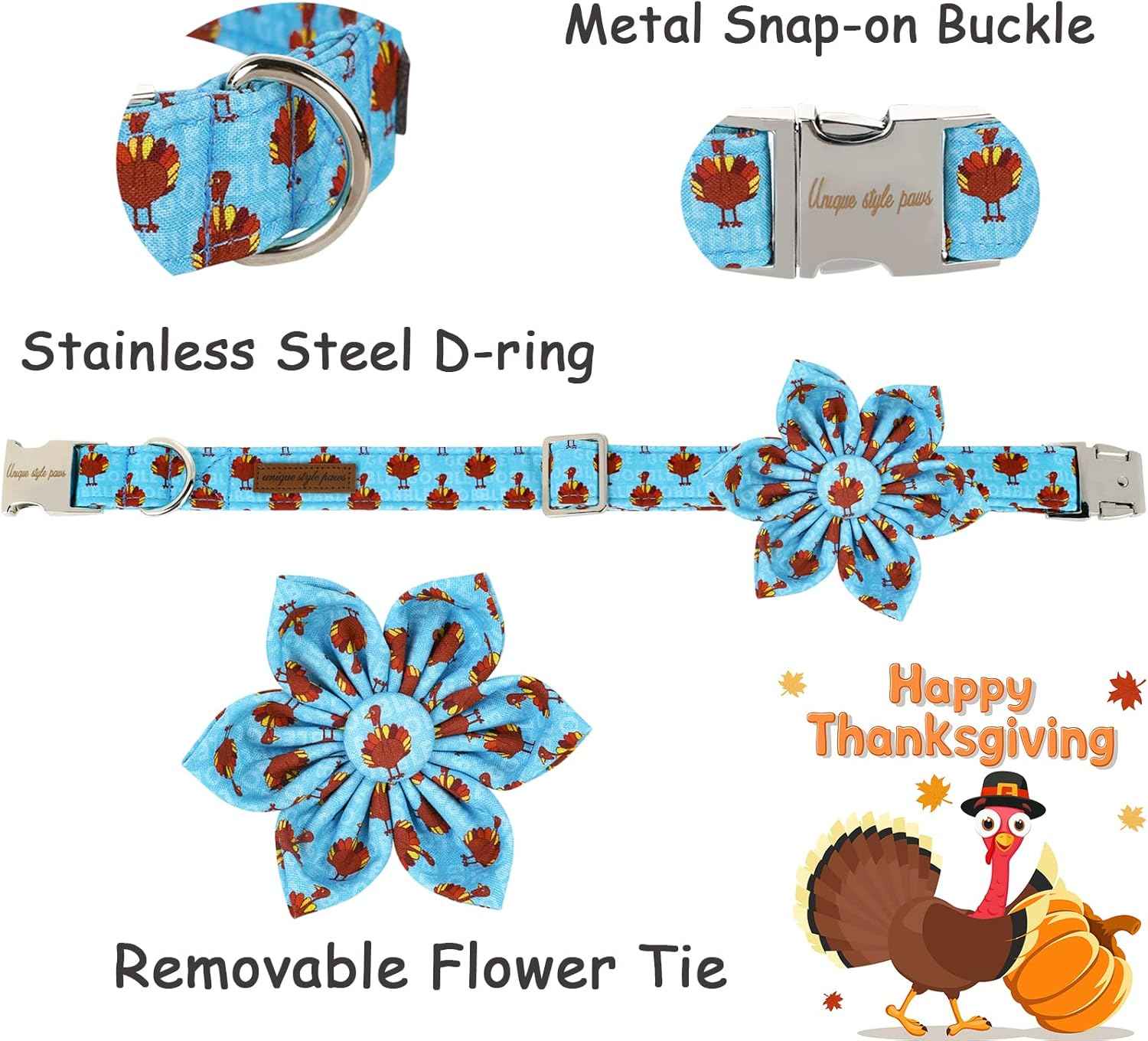 Unique style paws Thanksgiving Dog Collar with Flower Tie Autumn Turkey Theme Puppy Collar for Small Medium Large Dogs-M