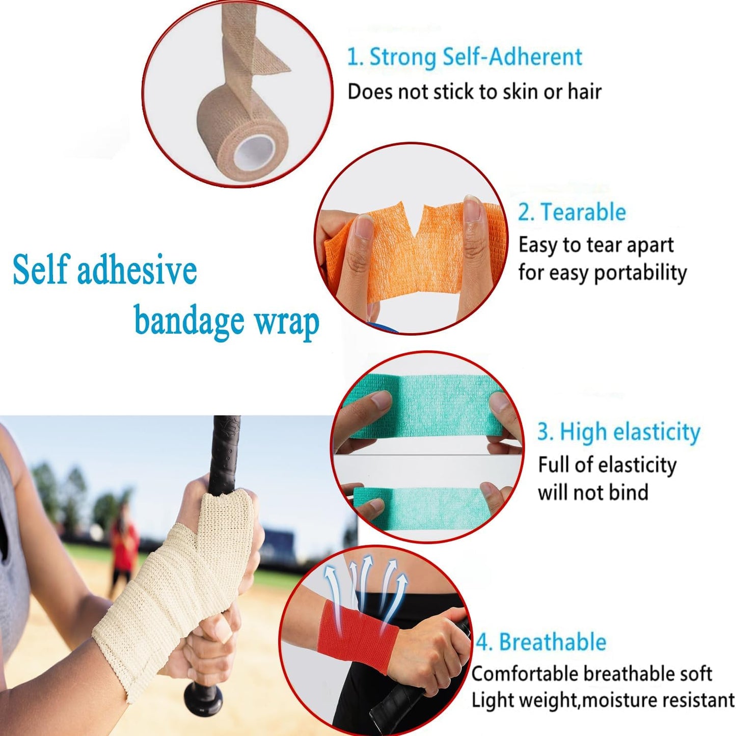 Self Adhesive Tape Wrap- 6 Rolls,Non-Woven Self Adherent Vet Wrap Tape,2in x 5Yard | Cohesive Bandage Tape for Wrist & Ankle,Elastic Grip Cover (6Colors-6ROLLS)