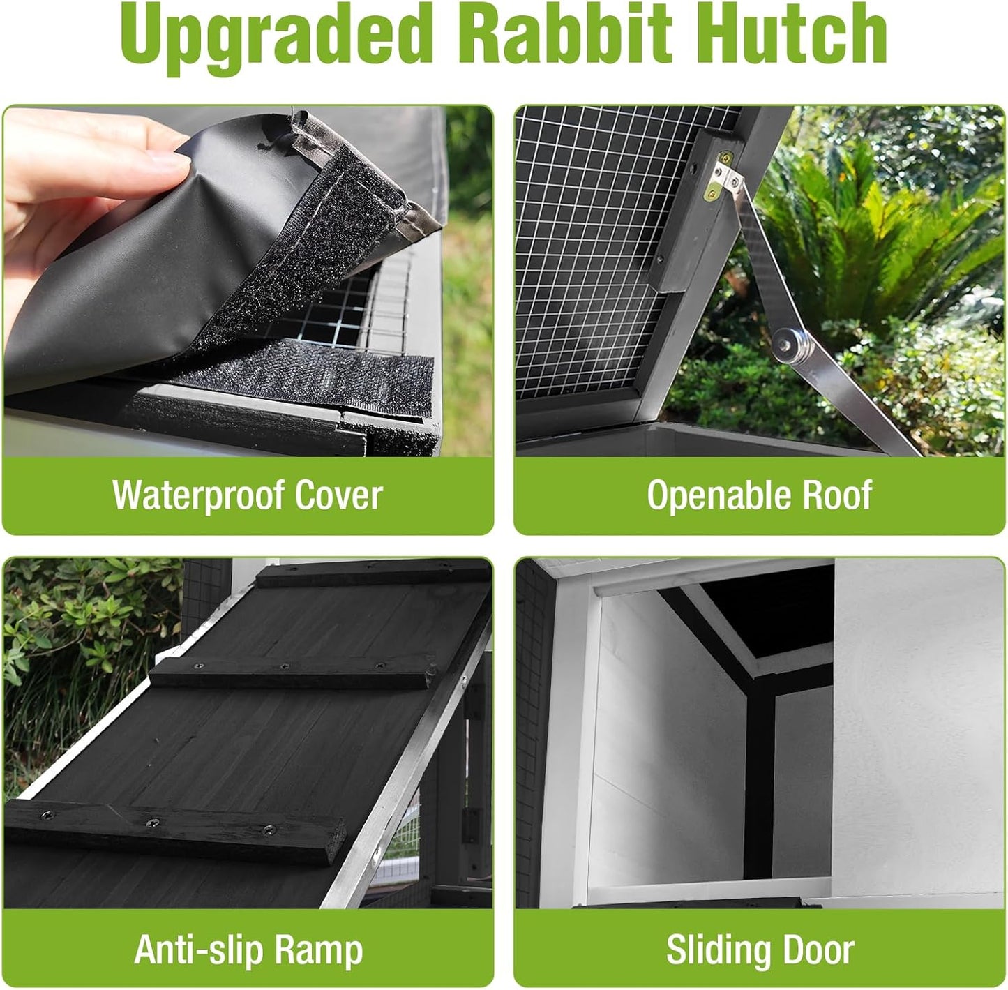 Rabbit Hutch Indoor Outdoor, 2-Story Bunny Cage with Wheels, Wooden Rabbit House with Leakproof Trays, Rain Cover, Guinea Pig Cages with Chew-Proof Ramp (White)