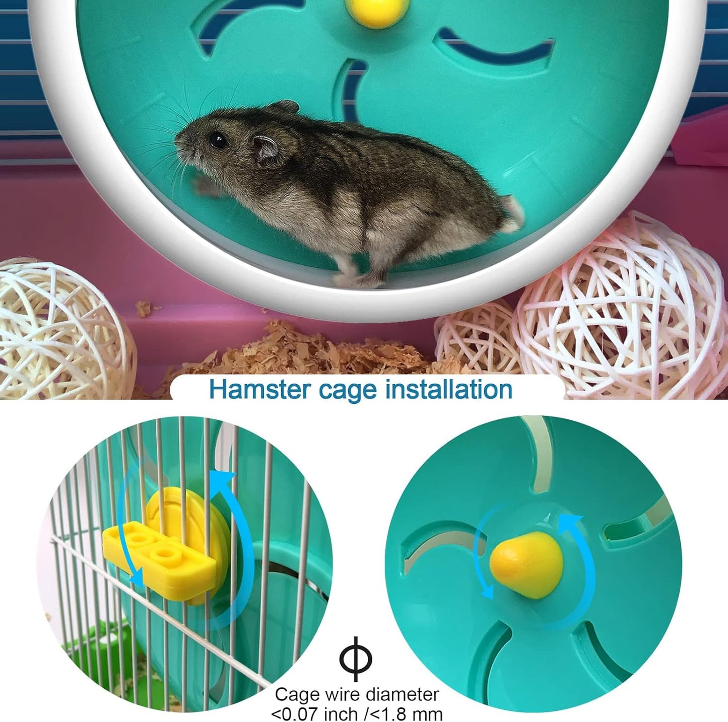 Hamster Silent Wheel, Super-Silent Small Animal Exercise Wheel Accessories, Quiet Hamster Running Wheels with Adjustable Stand for Hamsters,Gerbils,Mice, Small Pet 7in (Blue A)