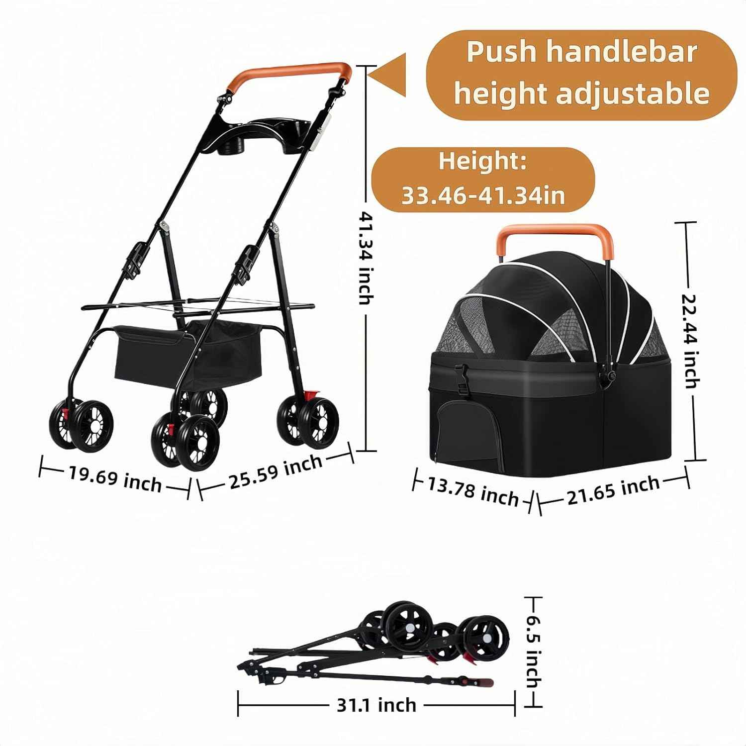 Pet Stroller for Medium Small Dogs/Cats - 4 Wheels Foldable Dog Stroller with Storage Basket,Dog/Cat Carrier,Adjustable Handle,Folding Puppy Carrier Suitable for Traveling with Cats and Dogs (Black)
