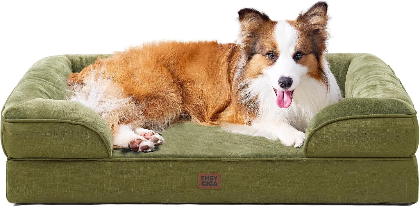 EHEYCIGA Orthopedic Dog Beds for Large Dogs, Waterproof Memory Foam Large Dog Bed with Sides, Non-Slip Bottom and Egg-Crate Foam Pet Couch Bed with Washable Removable Cover, Olive Green