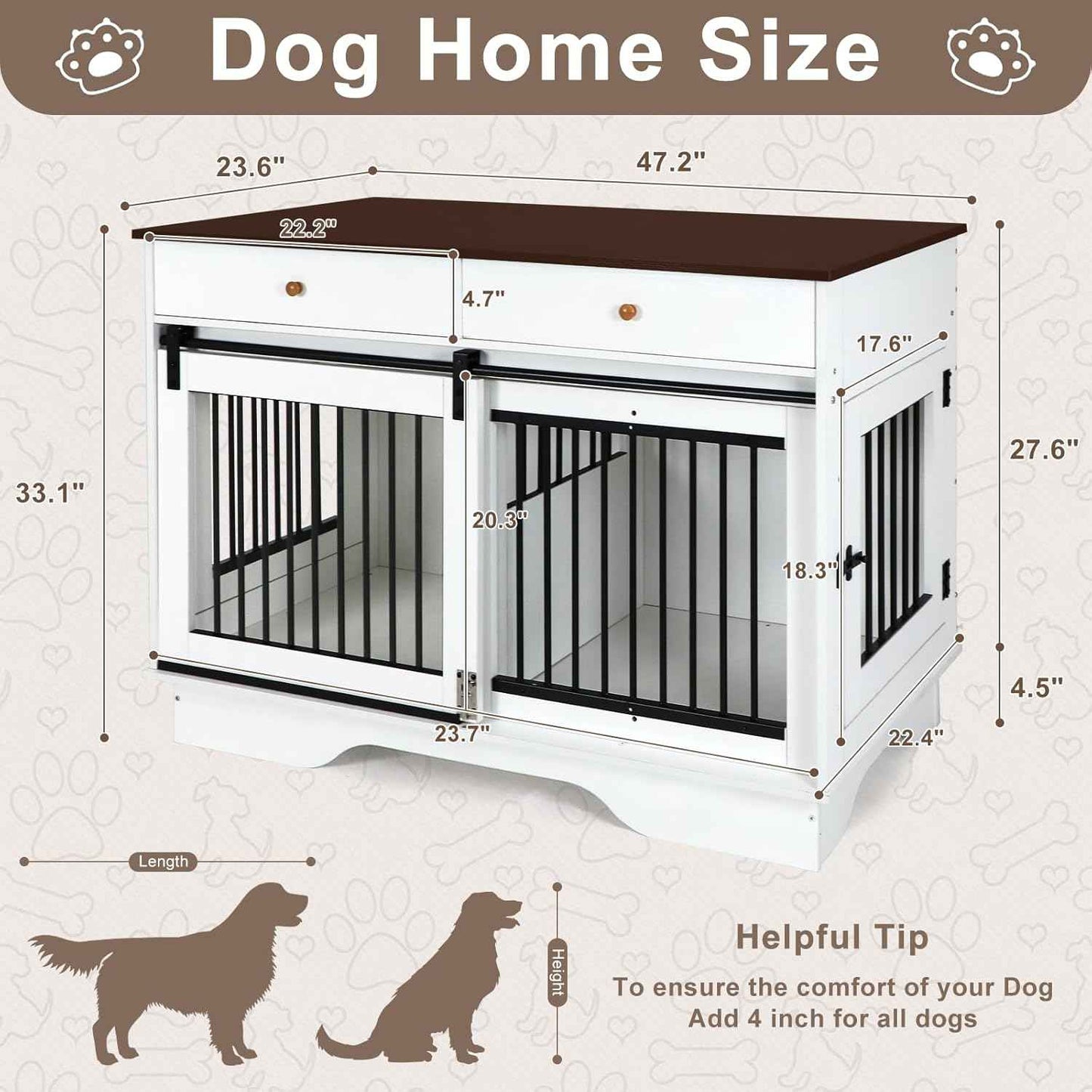 Double Dog Crate Furniture - Farmhouse Style Dog Kennel with Storage Drawers, 47.2" End Table Dog Cage, Removable Divider for 2 Small/Medium Dogs or 1 Large Dog Indoor Use for Living Room