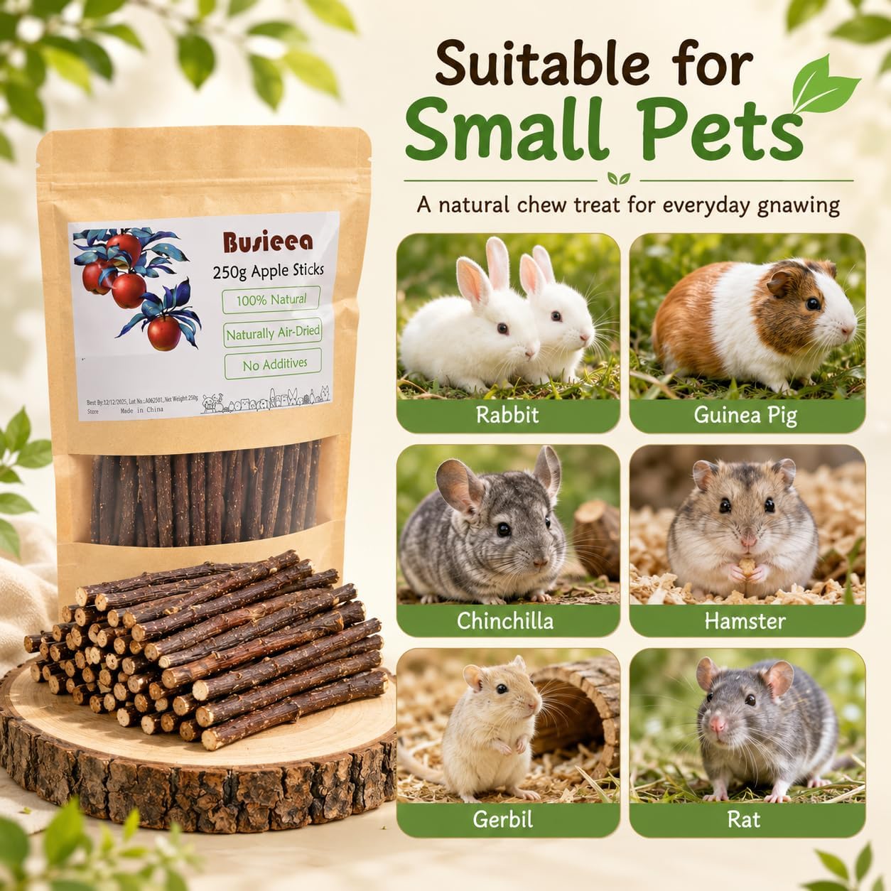 Premium Natural Apple Sticks - 100g/3.52 OZ MINI Trial Pack - Perfect for 1 Pet, Molar Chew Treats for Rabbits Chinchillas Guinea Pigs Hamsters Small Animals