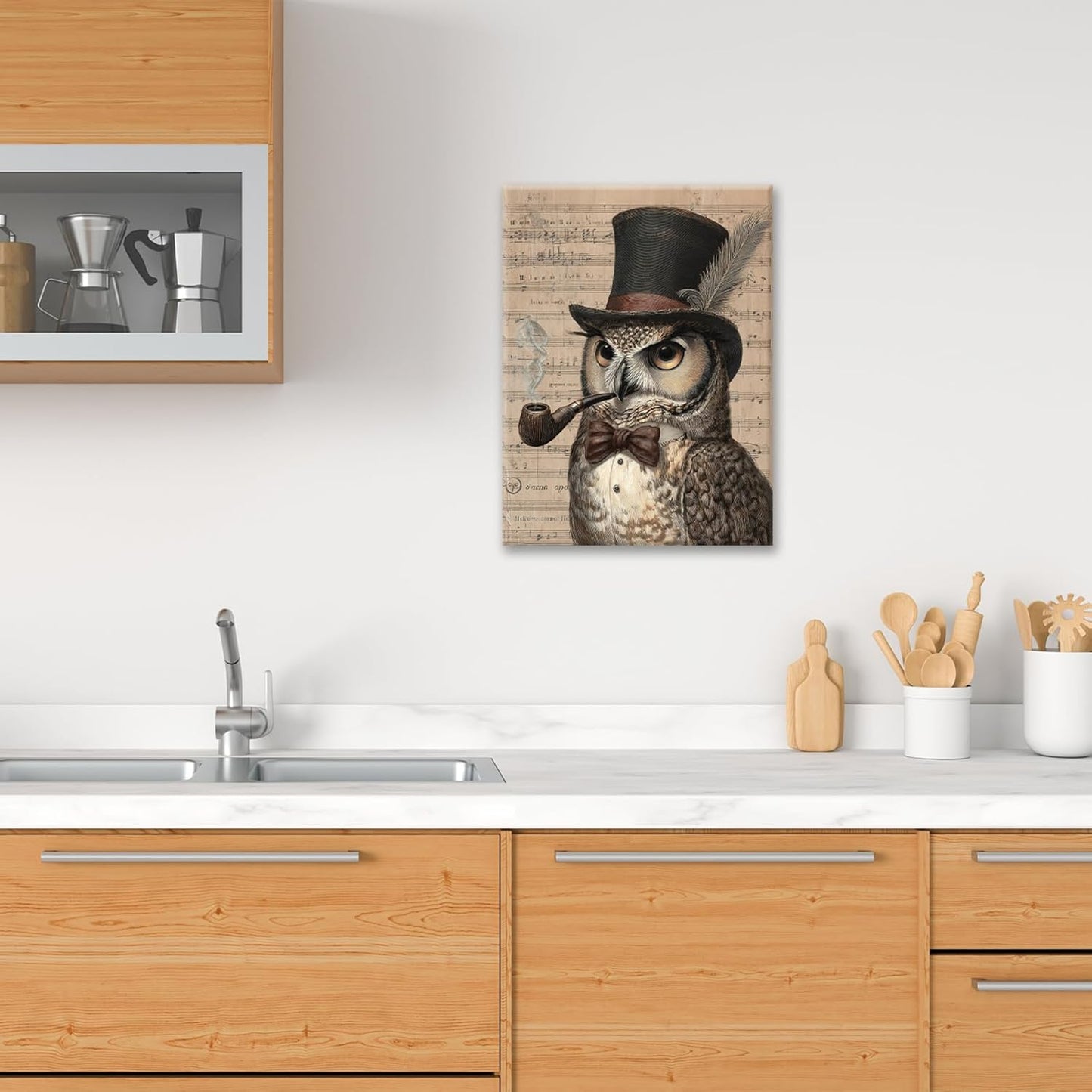 Owl Pictures Wall Art, Steampunk Owl Canvas Wall Decor, Rustic Framed Painting, Natural Landscape Artwork for Bathroom Living Room Bedroom 16L'' × 12W''