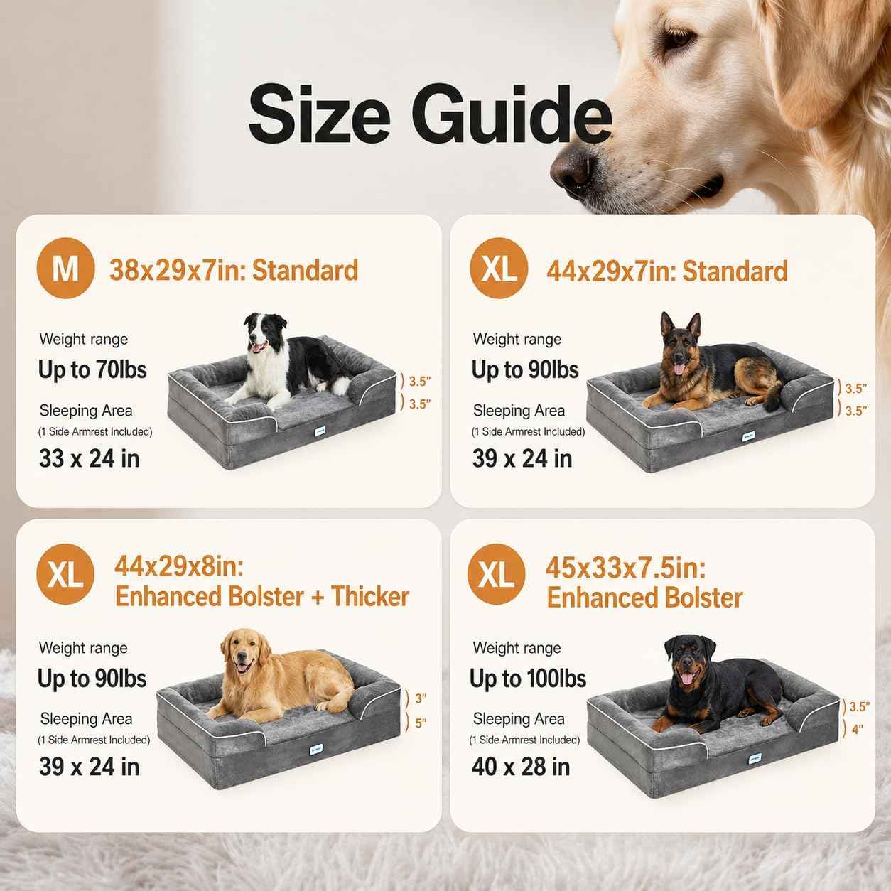 OhGeni Orthopedic Dog Bed Couch Big Cat Sofa for Extra Large Sized Pets with Memory Foam, Machine-Washable Waterproof Removable Cover, Soft Comfortable Fabric, 44-inch (Gray & Thickened Version)