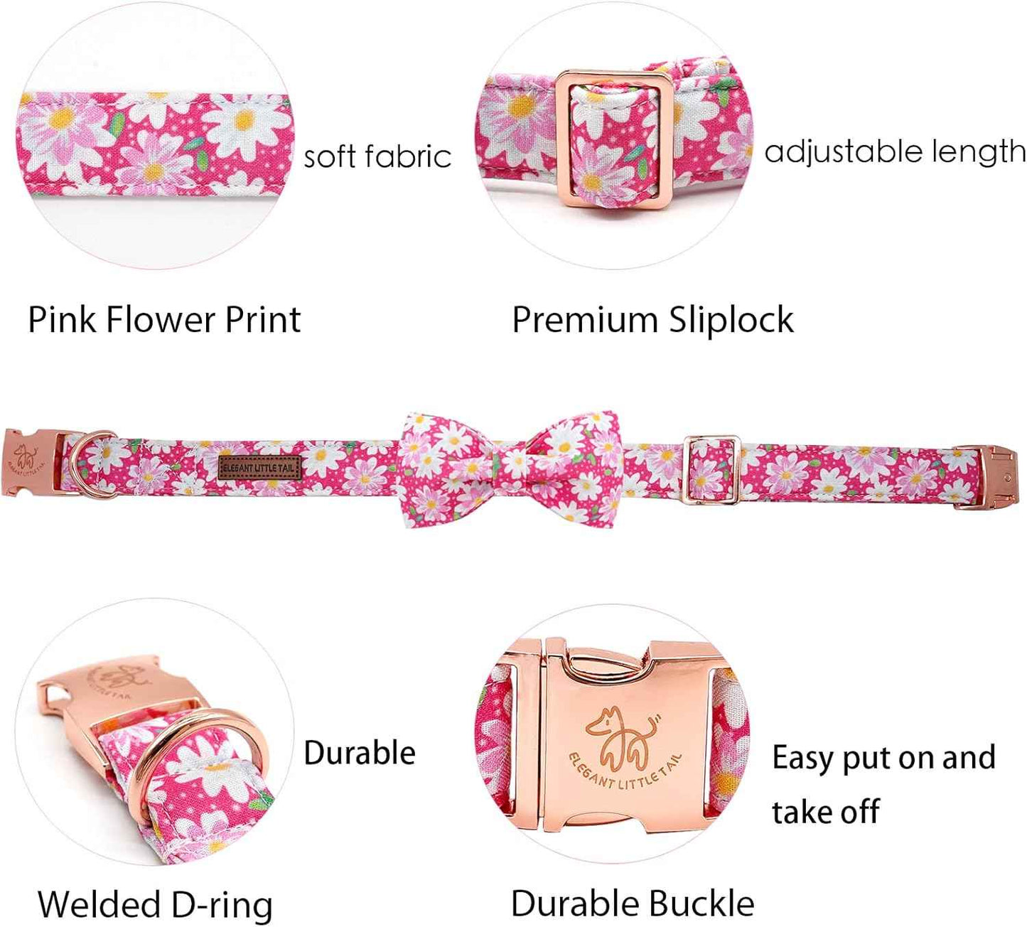 Elegant little tail Dog Collar, Floral Pattern Pet Collars with Bow Girl Cotton Bowtie Collars Spring Puppy Gift Adjustable Pet Collar for Small Dogs