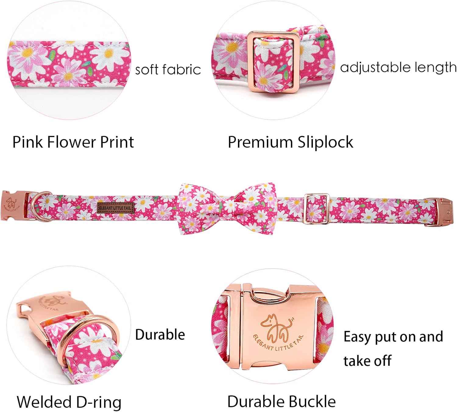 Elegant little tail Dog Collar, Floral Pattern Pet Collars with Bow Girl Cotton Bowtie Collars Spring Puppy Gift Adjustable Pet Collar for Small Dogs