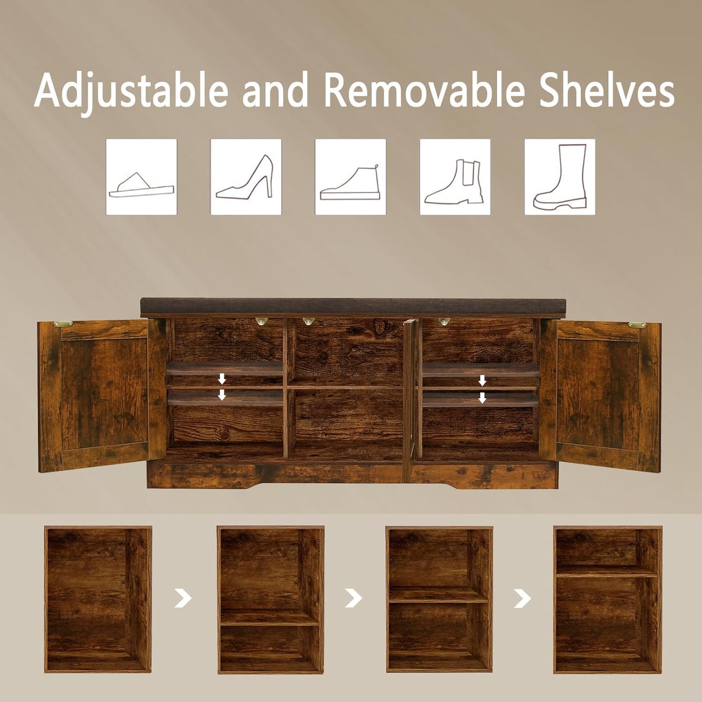 DINZI LVJ Shoe Bench, Entryway Storage Bench with Doors, Cushion, 2-Tier Shoe Rack with 6-Cubby, 39.4”L x 13.8”W Shoe Organizer Cabinet, Adjustable Shelf, Living Room, Bedroom, Rustic Brown