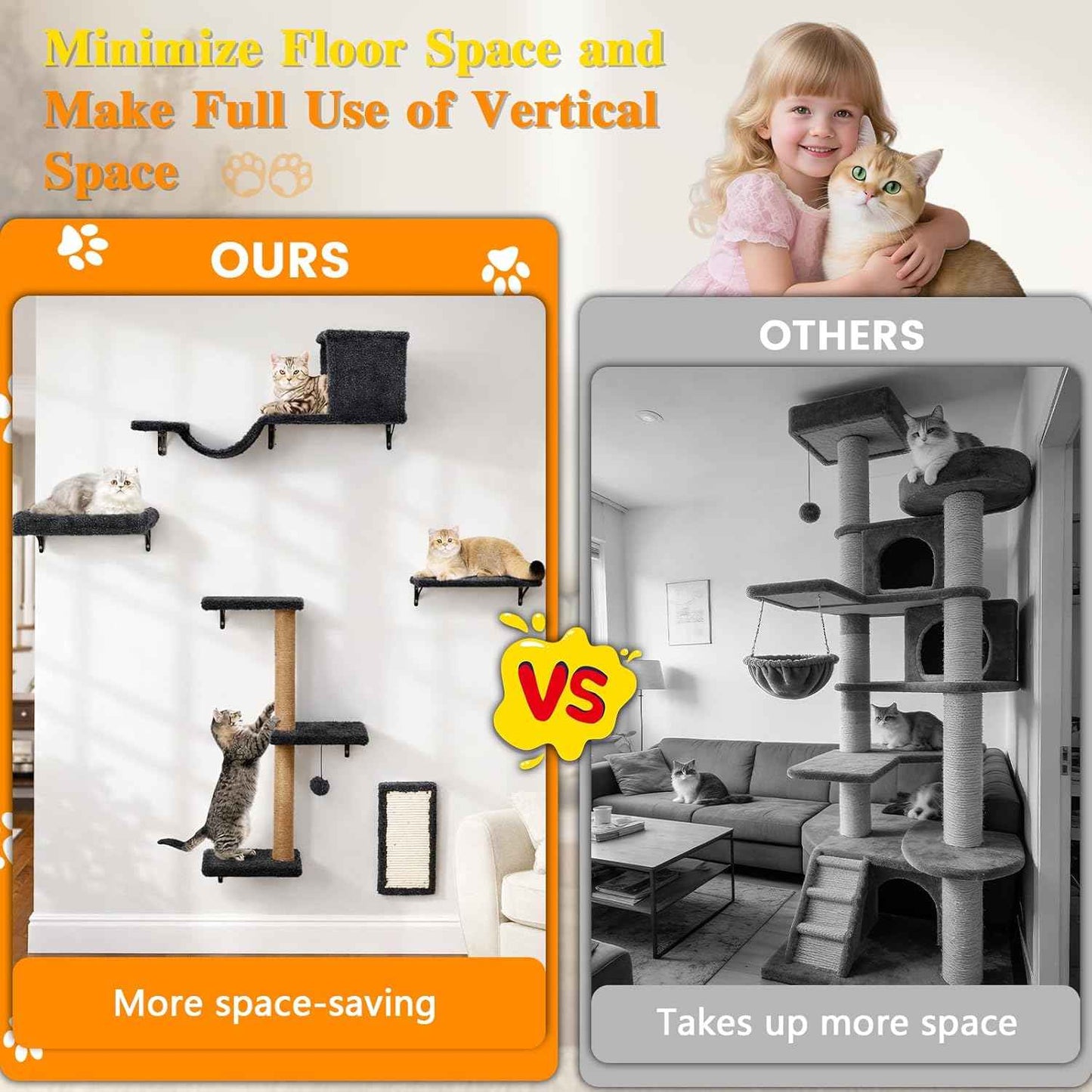 5-in-1 Cat Wall Shelves for Indoor Cats, Wall Mounted Cat Furniture with Bed, Cave, Scratching Post & Perch, Multi-Level Cat Climbing Wall, Space Saving Floating Cat Shelves (Natural Wood Darkgrey)