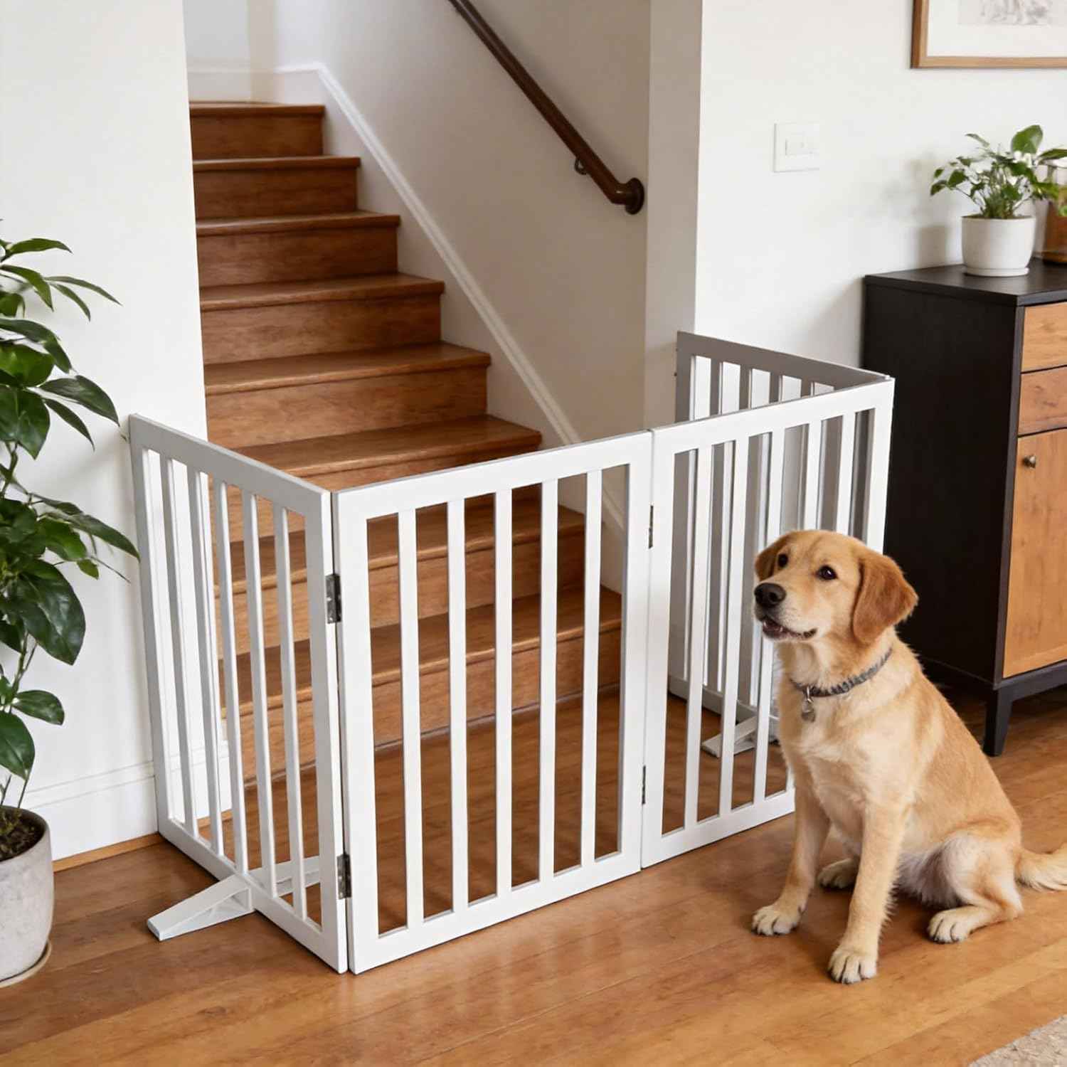 Dog Gate Indoor, Freestanding Dog Fence for The House, Doorways, Hallways,or Stairs,Pet Gate Foldable Wooden,Expandable 32" Height 4 Panels,White